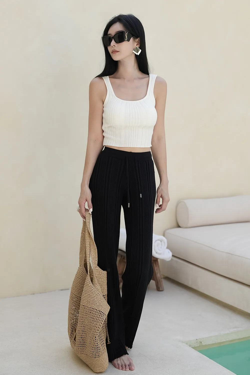 輕氧針織抽繩長褲<br>WIDE RIBBED KNIT PANTS