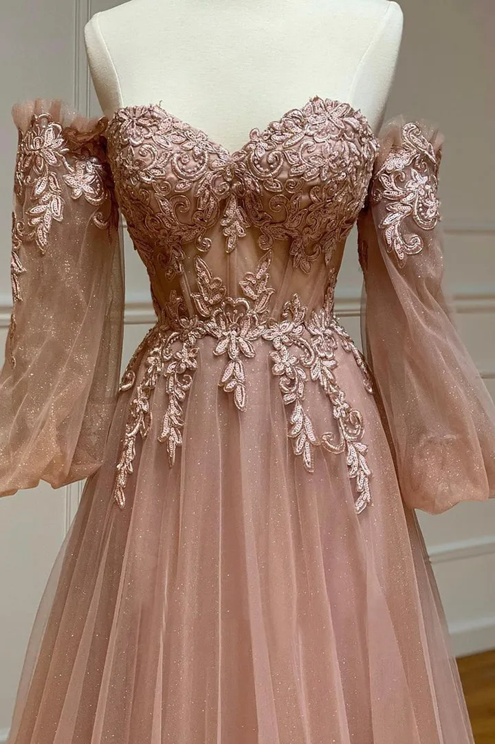 Luolandi A-Line Tulle Lace Long Prom Dresses Off the Shoulder Lace Formal Dresses Sexy