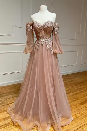 Luolandi A-Line Tulle Lace Long Prom Dresses Off the Shoulder Lace Formal Dresses Sexy