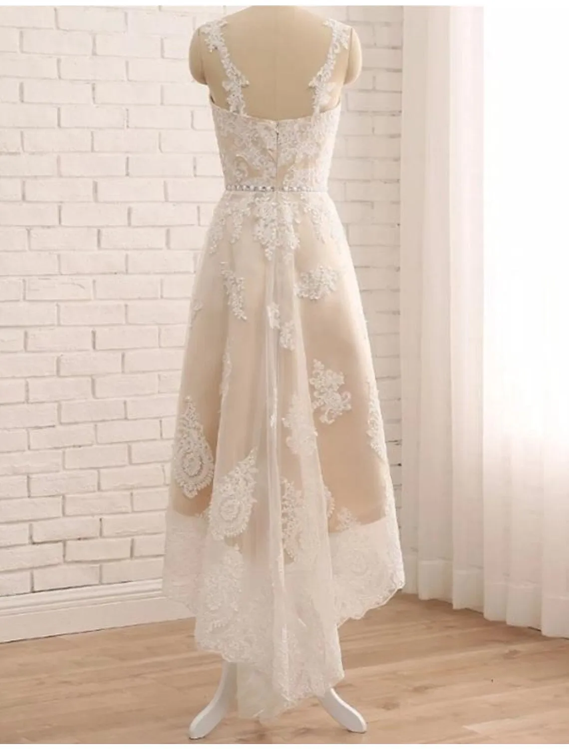 Luolandi Bridal Shower Little White Dresses Boho Wedding Dresses A-Line Sweetheart Regular Straps Asymmetrical Lace Bridal Gowns With Lace