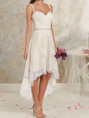 Luolandi Bridal Shower Little White Dresses Boho Wedding Dresses A-Line Sweetheart Regular Straps Asymmetrical Lace Bridal Gowns With Lace