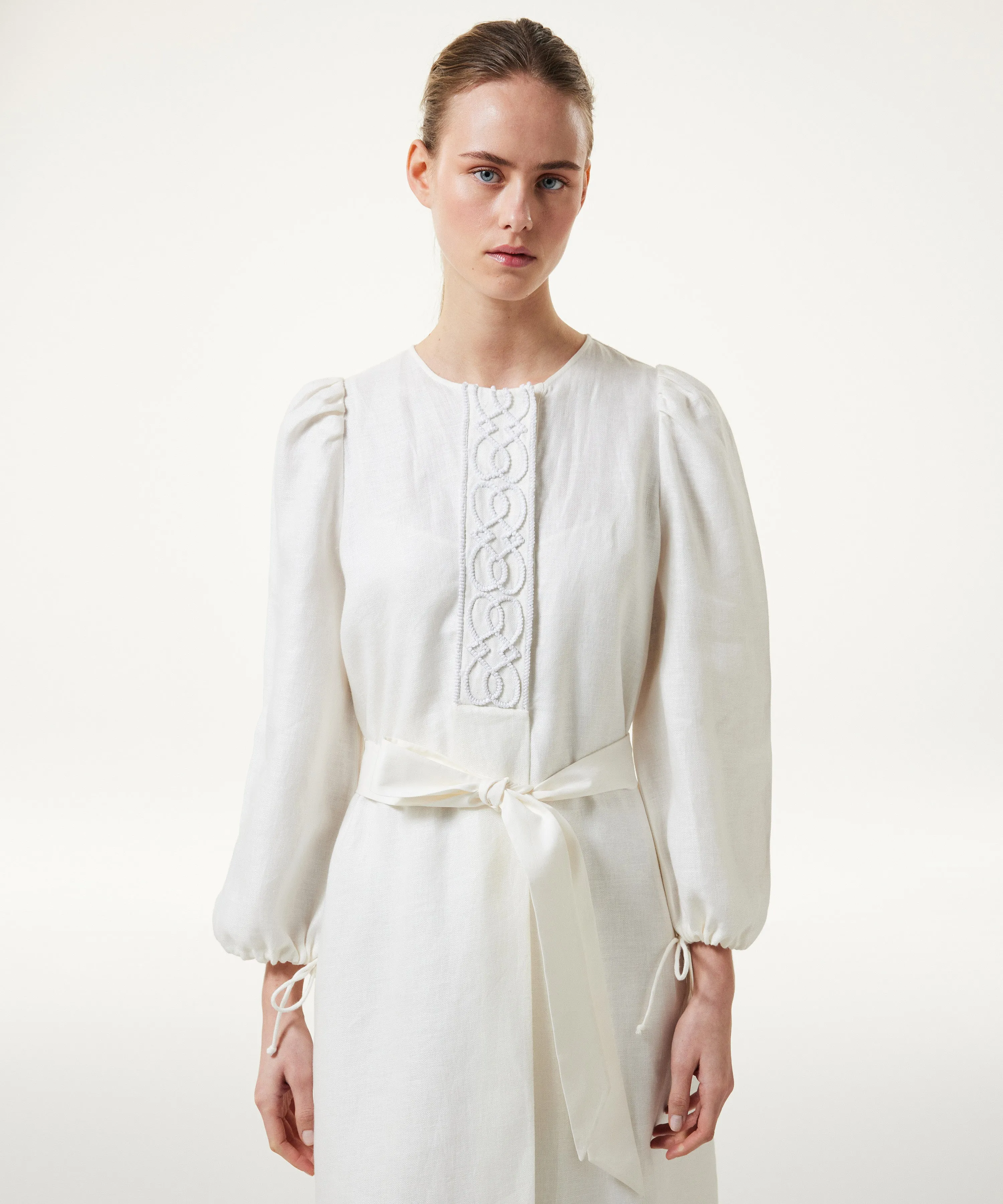 Machka Embroidered Linen Midi Dress Ecru