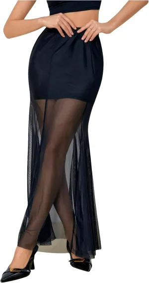 MakeMeChic Women's Elastic Waist Mesh Sheer Long Skirt Layered Bodycon Skirts