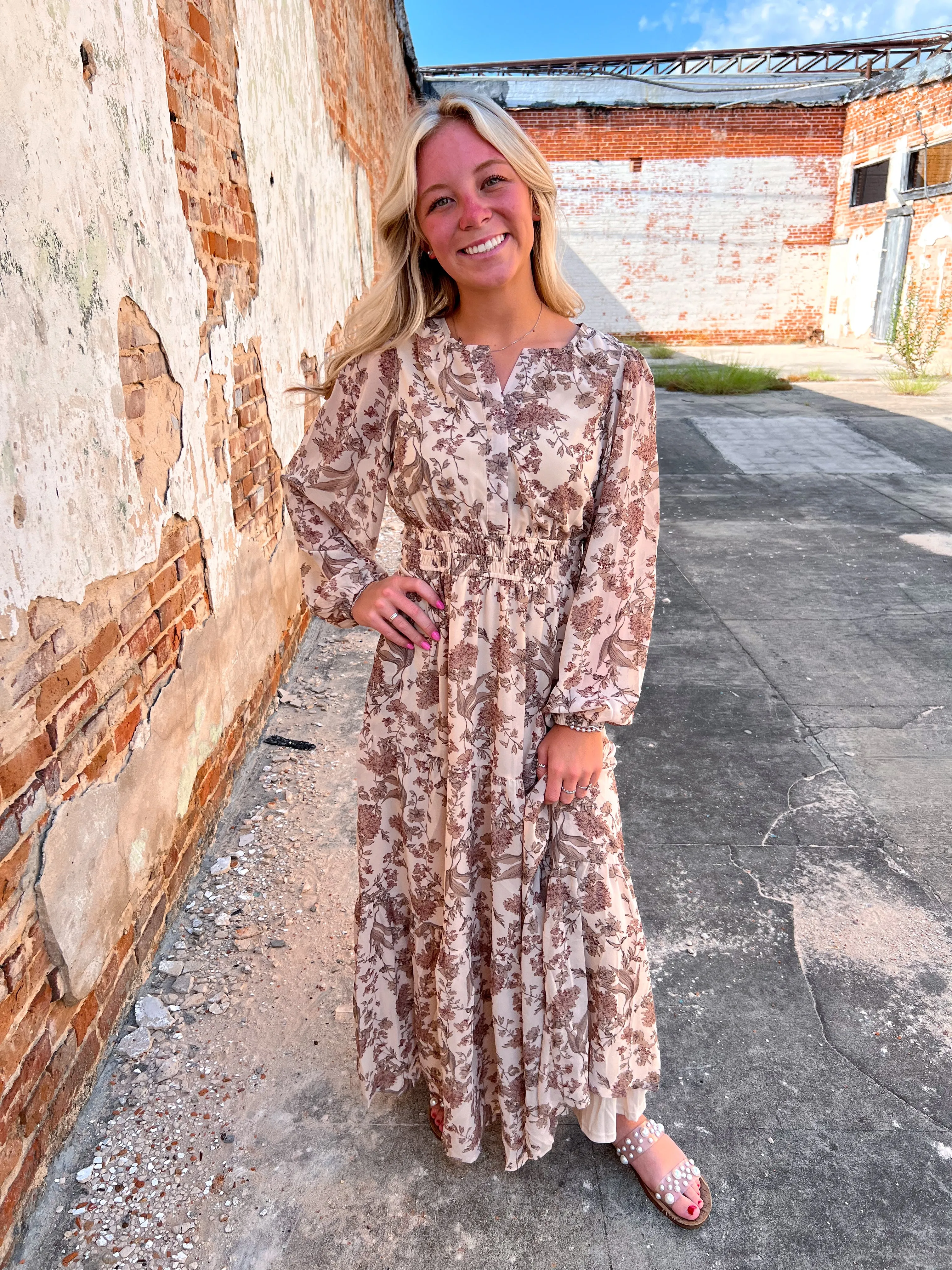 Maple Long Sleeve Woven Print Tiered Maxi Dress
