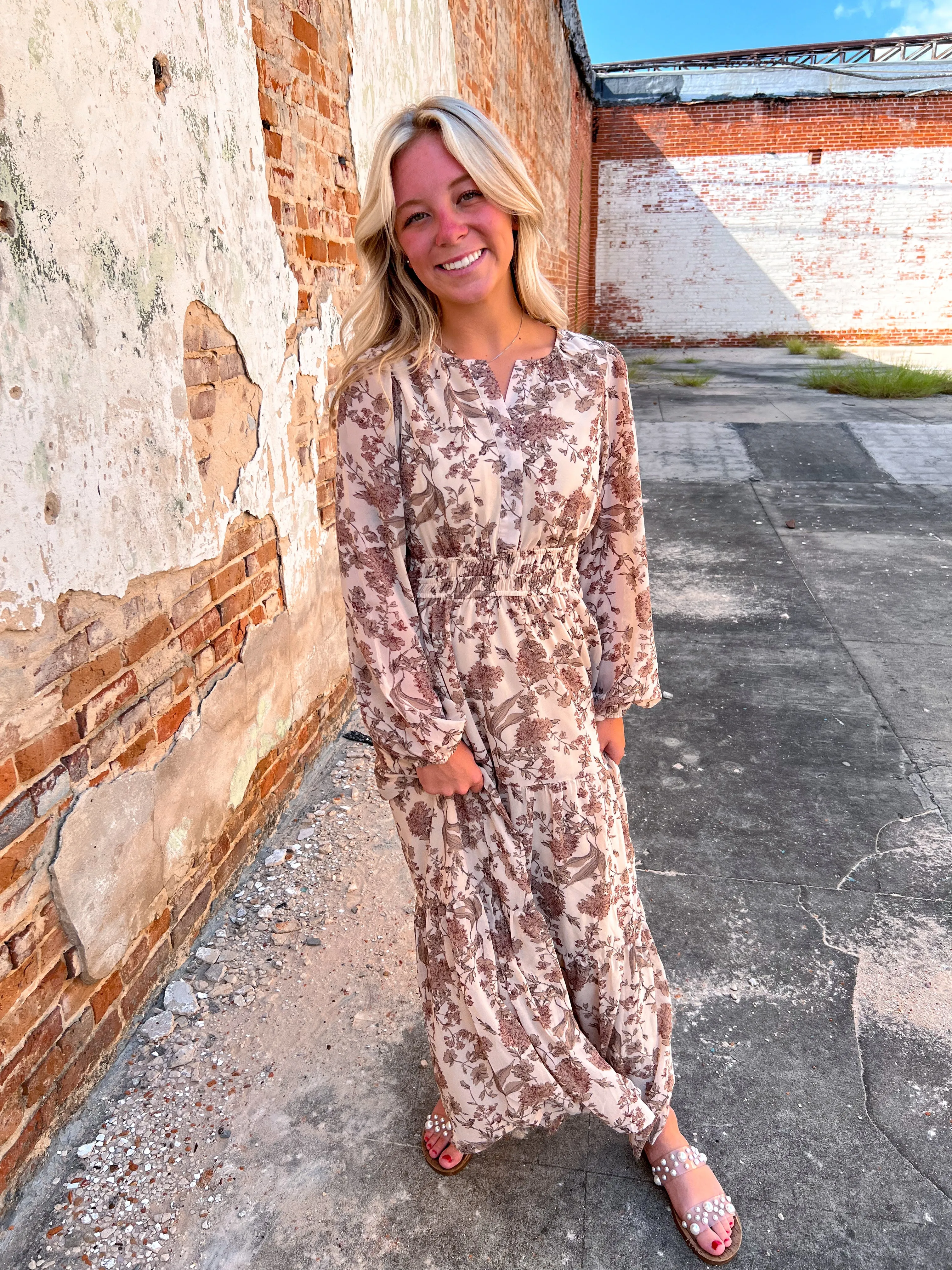 Maple Long Sleeve Woven Print Tiered Maxi Dress