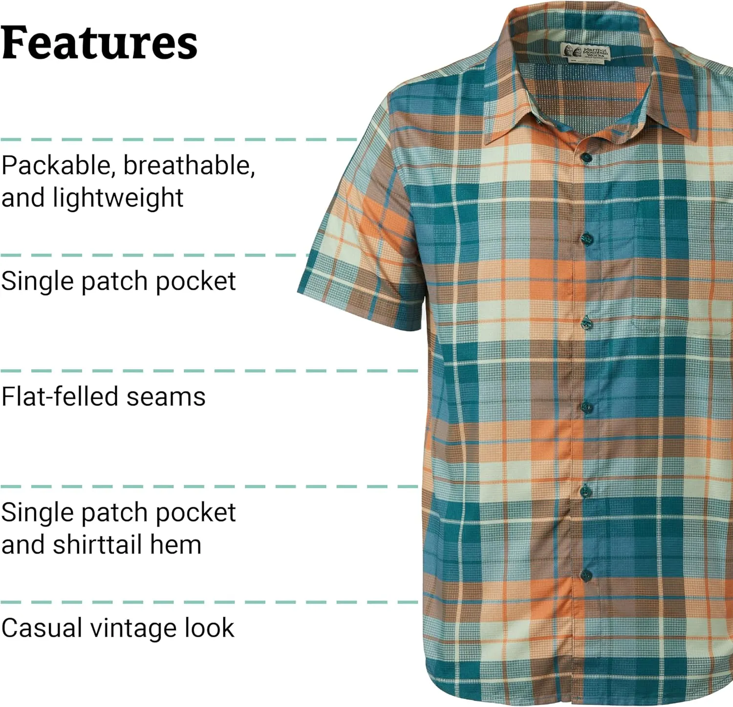 MARMOT Men's Aerobora Short Sleeve Button-Down Shirt - Lightweight, Packable, Quick-Drying UPF Protection