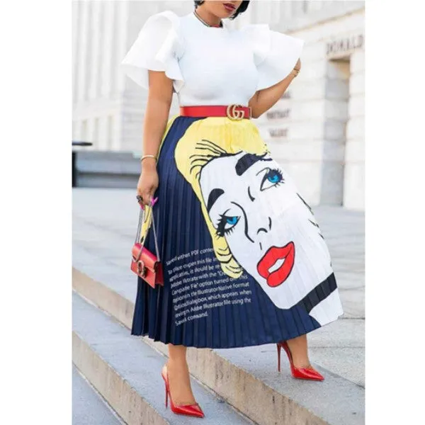 MB FASHION Graphic Print Pleated Midi Skirt with High Waist 685