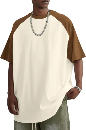 Men Oversized Vintage Tshirt Raglan Short Sleeve T Shirts Color Block Baggy Cotton Tees Grunge Shirt Tops Streetwear