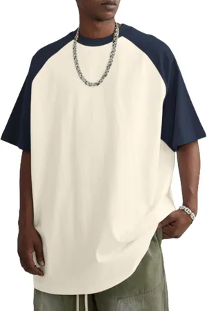 Men Oversized Vintage Tshirt Raglan Short Sleeve T Shirts Color Block Baggy Cotton Tees Grunge Shirt Tops Streetwear