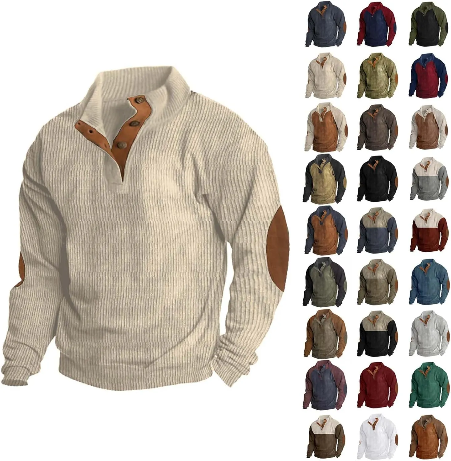 Men's Corduroy Sweatshirt Casual Long Sleeve Stand Collar Button Pullover Sweatshirts Lightweight Big and Tall Hoodie