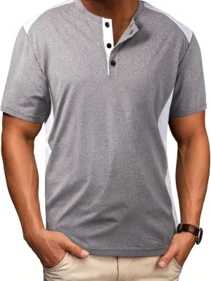 Men's Cotton Linen Henley Shirt Short Sleeve Band Collar Solid Hippie Casual Summer Beach T-Shirts with Pocket