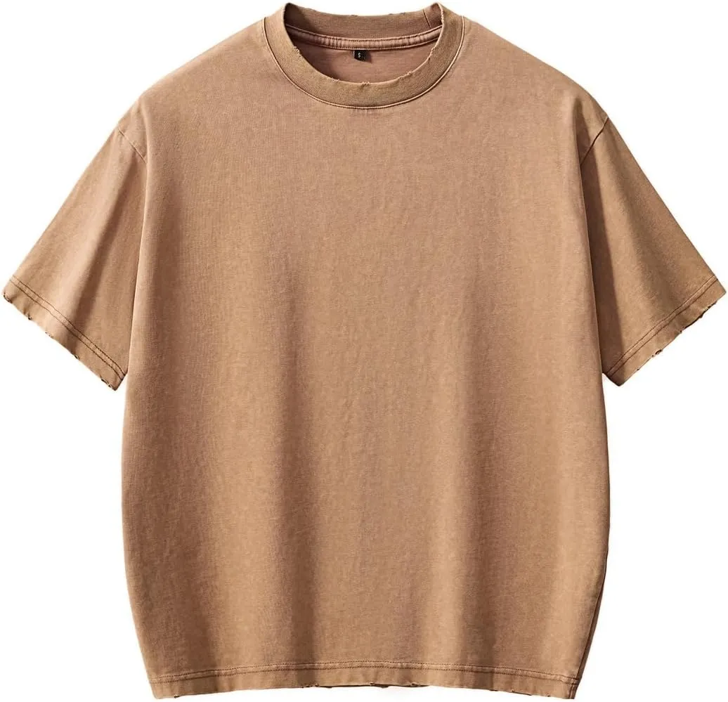Men's Cotton T-Shirts Oversized Short Sleeves Casual Loose Wash Solid Basic Tee Tops
