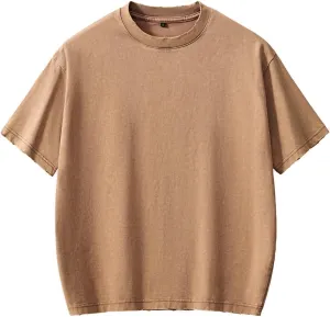 Men's Cotton T-Shirts Oversized Short Sleeves Casual Loose Wash Solid Basic Tee Tops