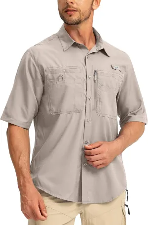 Men's Fishing Shirts with Zipper Pockets UPF 50  Lightweight Cool Short Sleeve Button Down Shirts for Men Casual Hiking