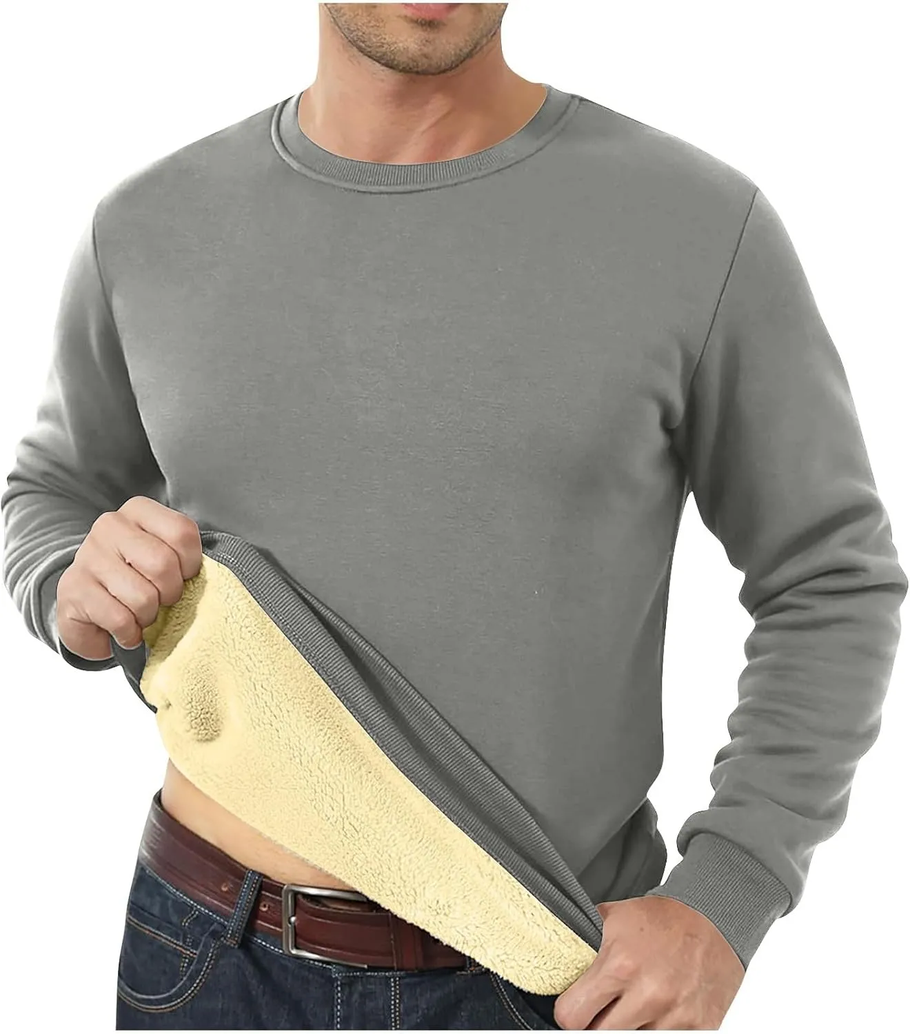 Men's Fleece Lined Sweatshirts Crewneck Long Sleeve Pullover Sherpa Thick Thermal Sweatshirt Warm Winter Underwear