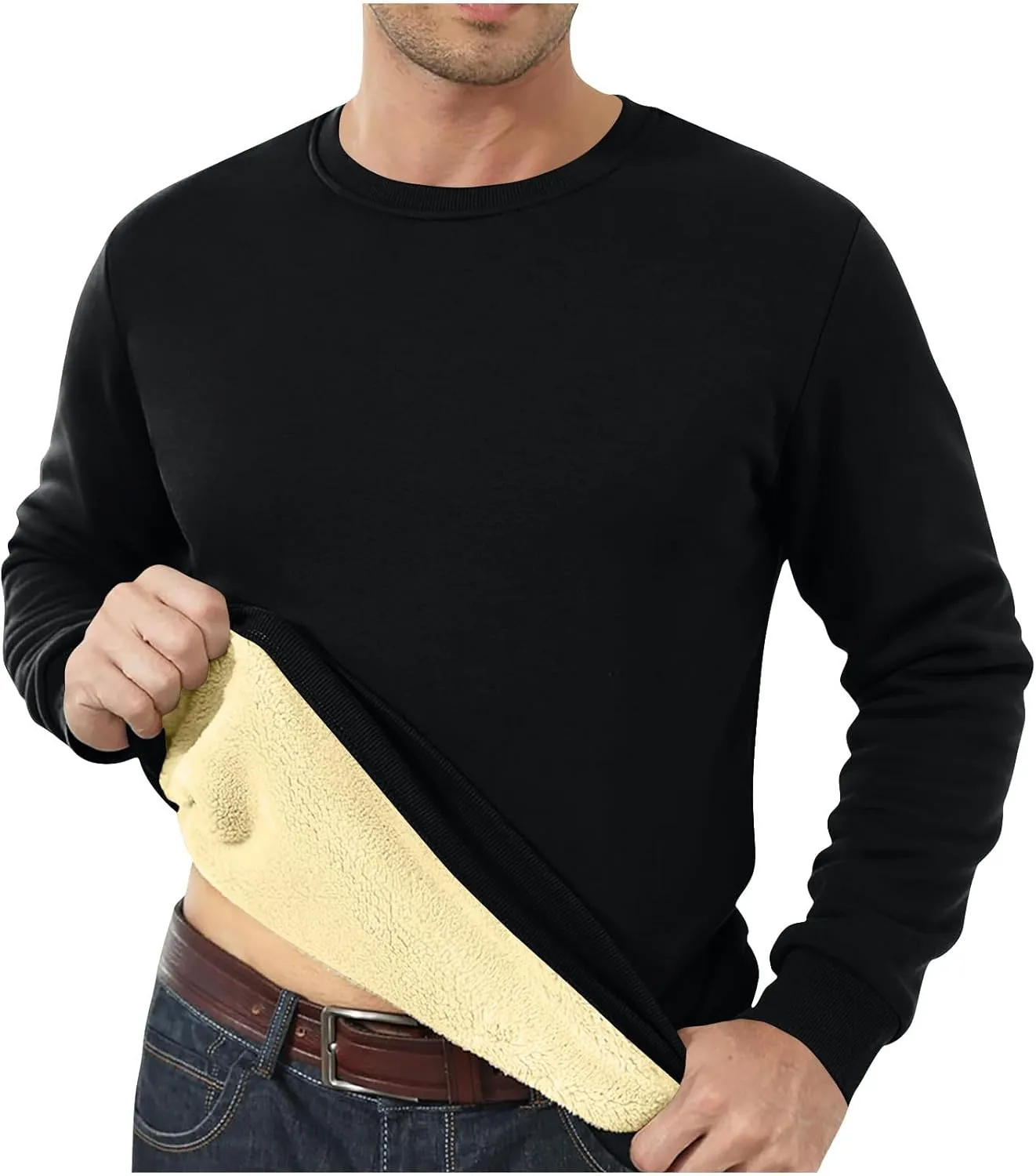 Men's Fleece Lined Sweatshirts Crewneck Long Sleeve Pullover Sherpa Thick Thermal Sweatshirt Warm Winter Underwear
