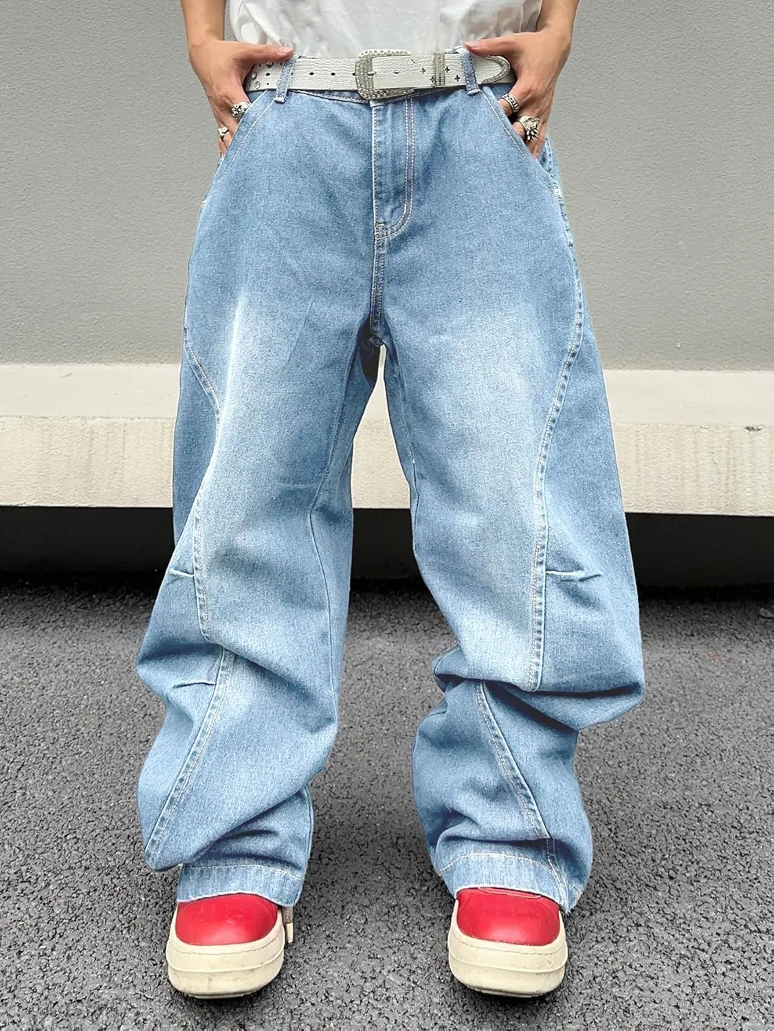 Men's Irregular Sutures Y2k Hip Hop Baggy Jeans Wide Leg Denim Pants Casual Loose Fit Trousers Streetwear