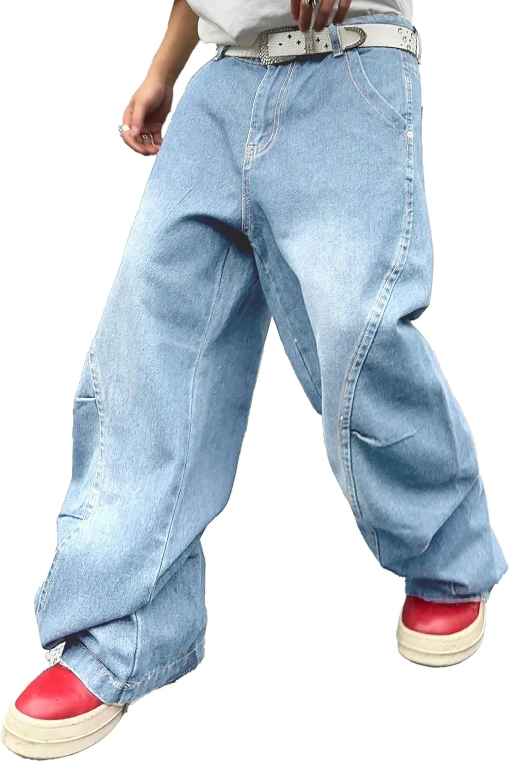 Men's Irregular Sutures Y2k Hip Hop Baggy Jeans Wide Leg Denim Pants Casual Loose Fit Trousers Streetwear
