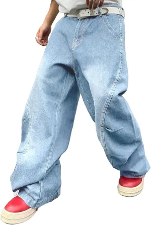 Men's Irregular Sutures Y2k Hip Hop Baggy Jeans Wide Leg Denim Pants Casual Loose Fit Trousers Streetwear