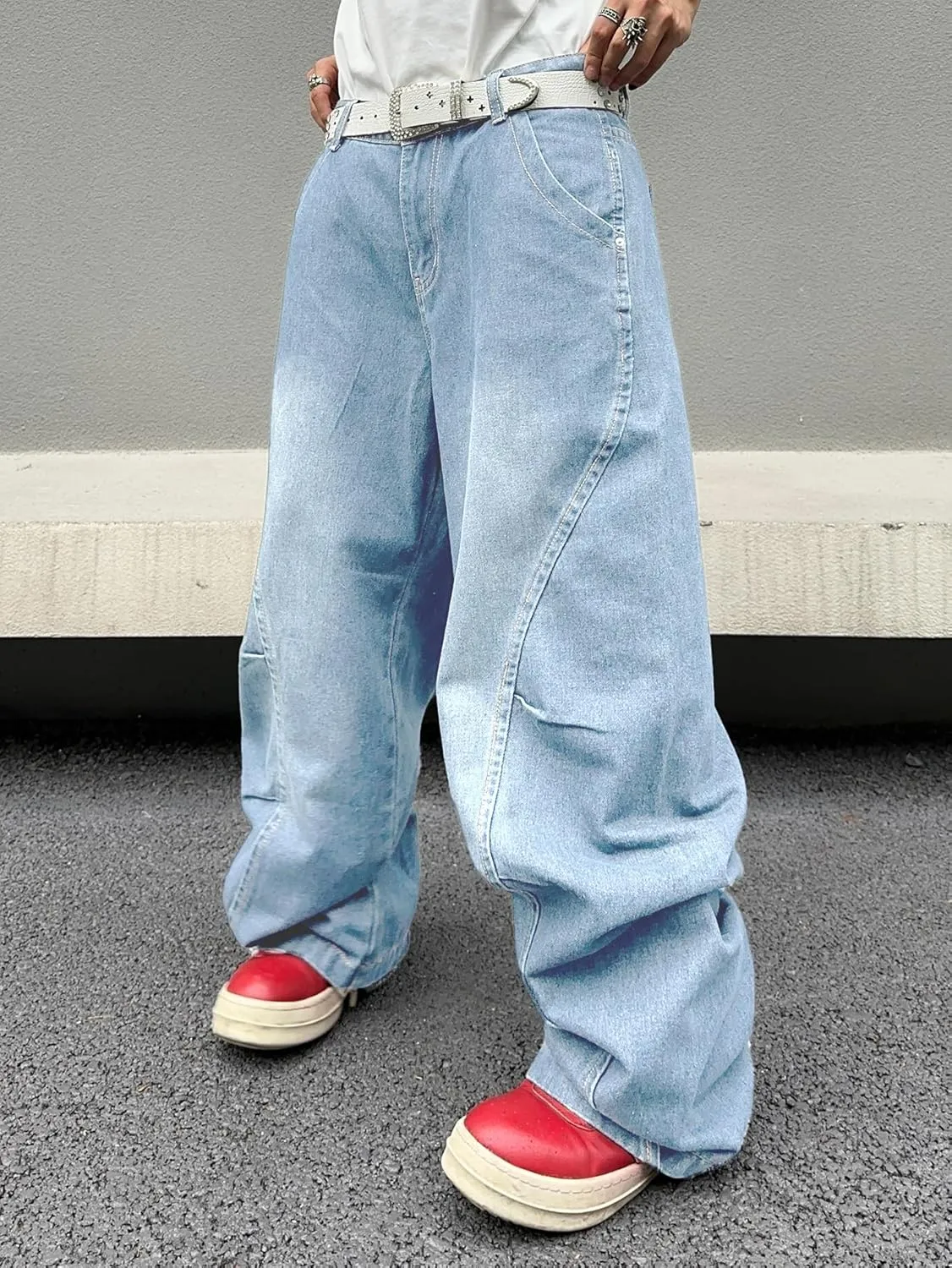 Men's Irregular Sutures Y2k Hip Hop Baggy Jeans Wide Leg Denim Pants Casual Loose Fit Trousers Streetwear