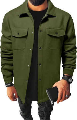 Men's Jacket Long Sleeve Button Down Jackets Open Front Cardigan Overcoat Lightweight Casual Coat with Flap Pockets