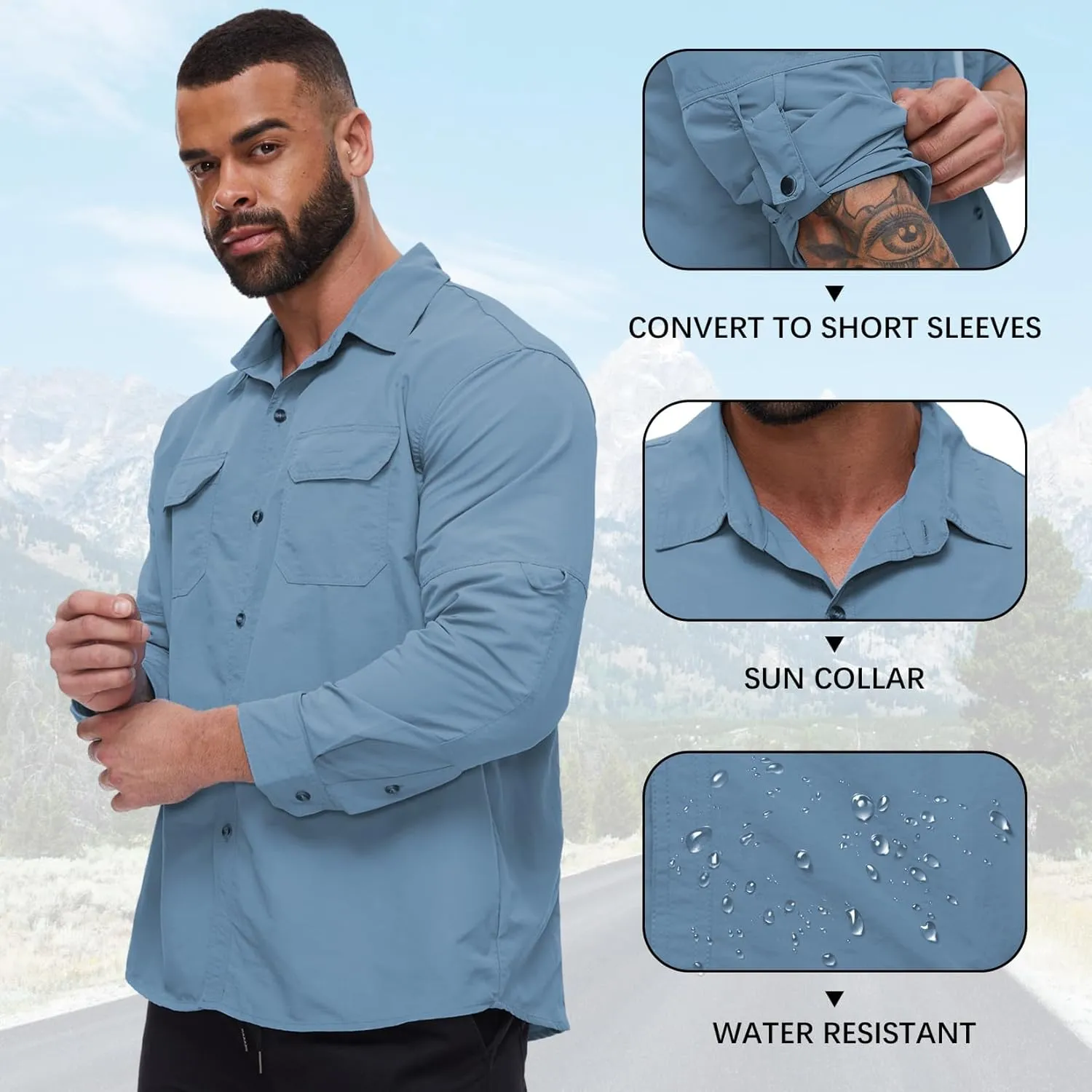 Mens Long Sleeve Fishing Shirts Sun Protection Work Safari Cooling Shirts for Men Traveling Hiking Camping Quick Dry