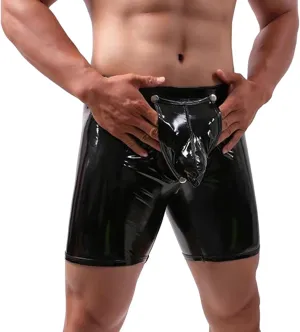 Mens Sexy Bulge Pouch Long Boxer Briefs PVC Metallic Leather Underwear Soft Tight Lingerie Open Front Panties Boyshort