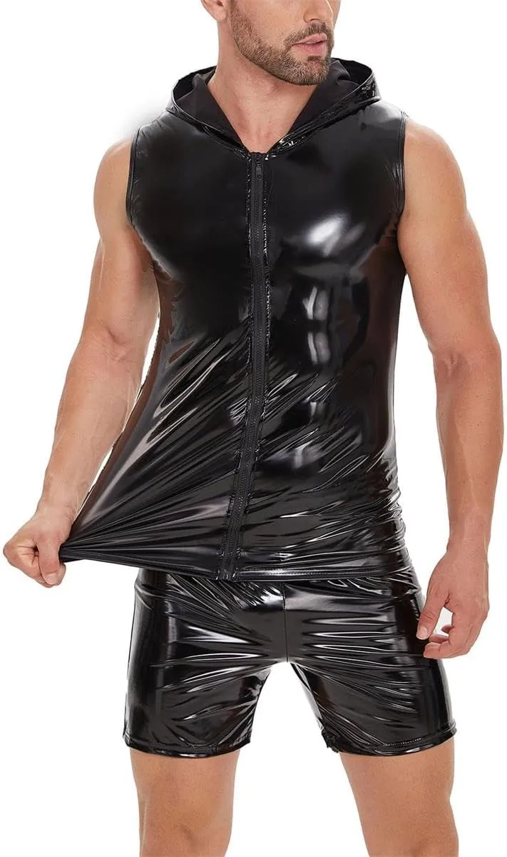 Men's Sexy Leather T-Shirt Vest Shiny Black Tight Sleeveless Shirt Wetlook Tank Tops