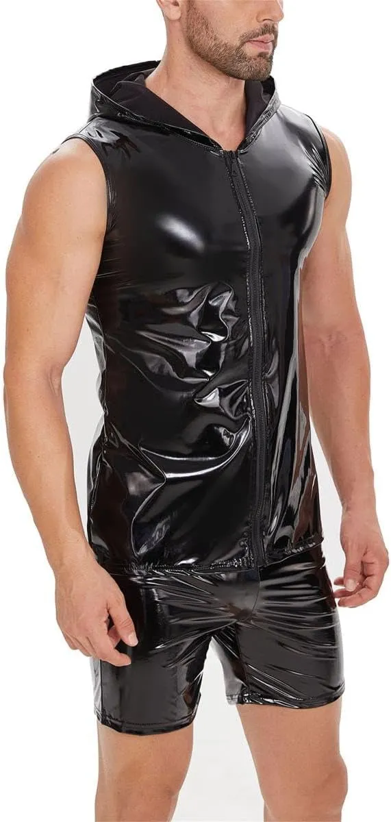 Men's Sexy Leather T-Shirt Vest Shiny Black Tight Sleeveless Shirt Wetlook Tank Tops