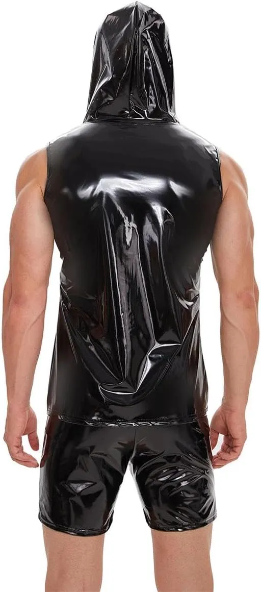 Men's Sexy Leather T-Shirt Vest Shiny Black Tight Sleeveless Shirt Wetlook Tank Tops
