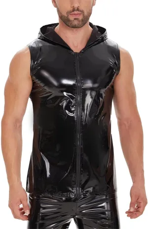 Men's Sexy Leather T-Shirt Vest Shiny Black Tight Sleeveless Shirt Wetlook Tank Tops