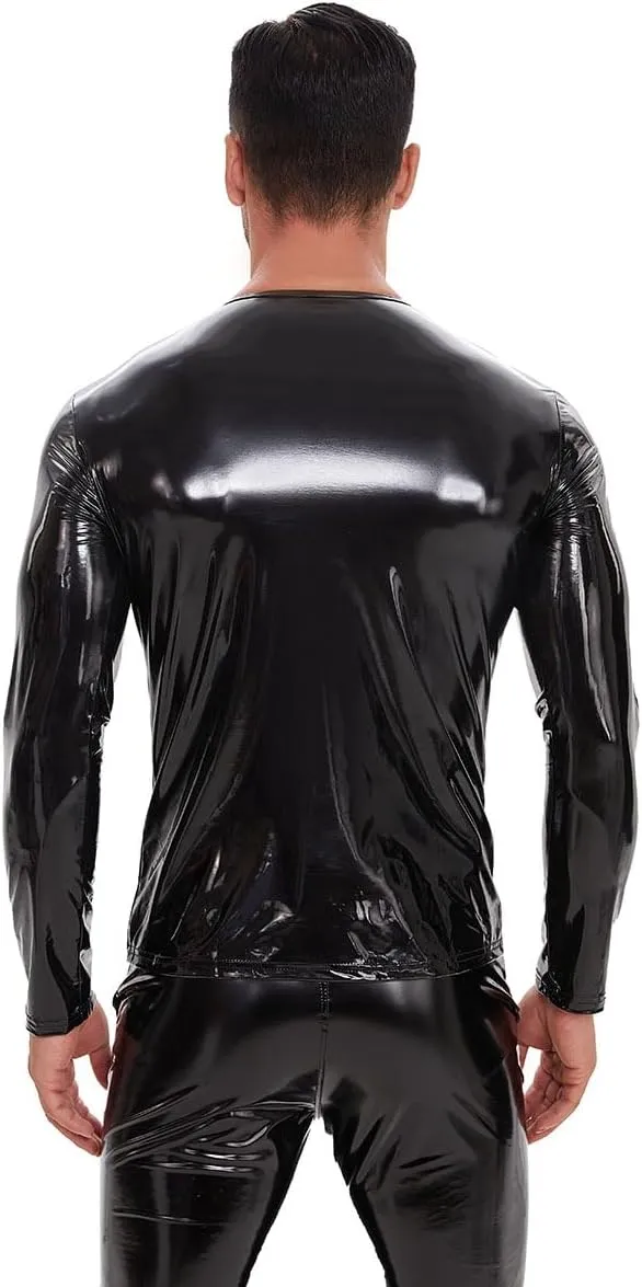 Men's Sexy Leather T-Shirt,Shiny Black Long Sleeve Shirt Wetlook Tops Latex Coat,Round Neck