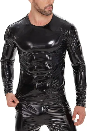 Men's Sexy Leather T-Shirt,Shiny Black Long Sleeve Shirt Wetlook Tops Latex Coat,Round Neck