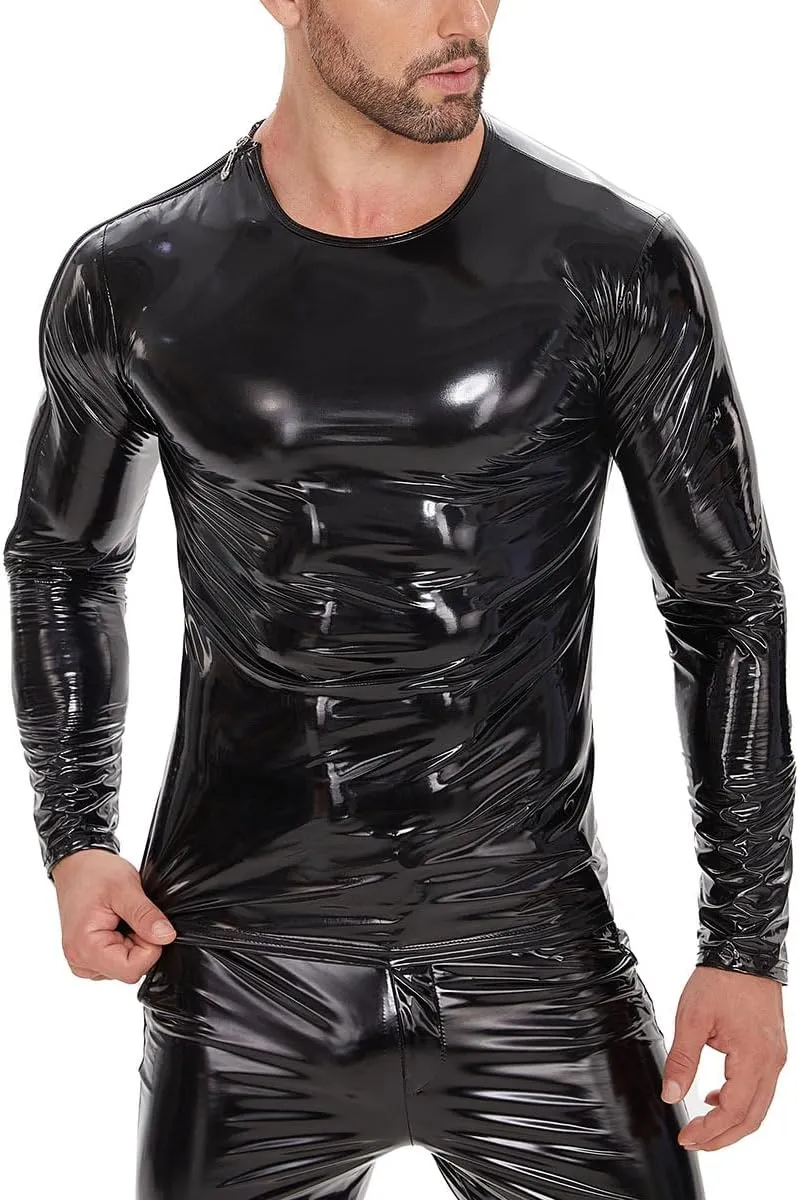 Men's Sexy Leather T-Shirt,Shiny Black Long Sleeve Shirt Wetlook Tops Latex Coat,Round Neck