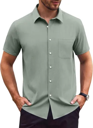 Mens Short Sleeve Button Down Shirts Casual Linen Shirts Button Up Wrinkle Free Beach Summer Vacation Wedding Tops