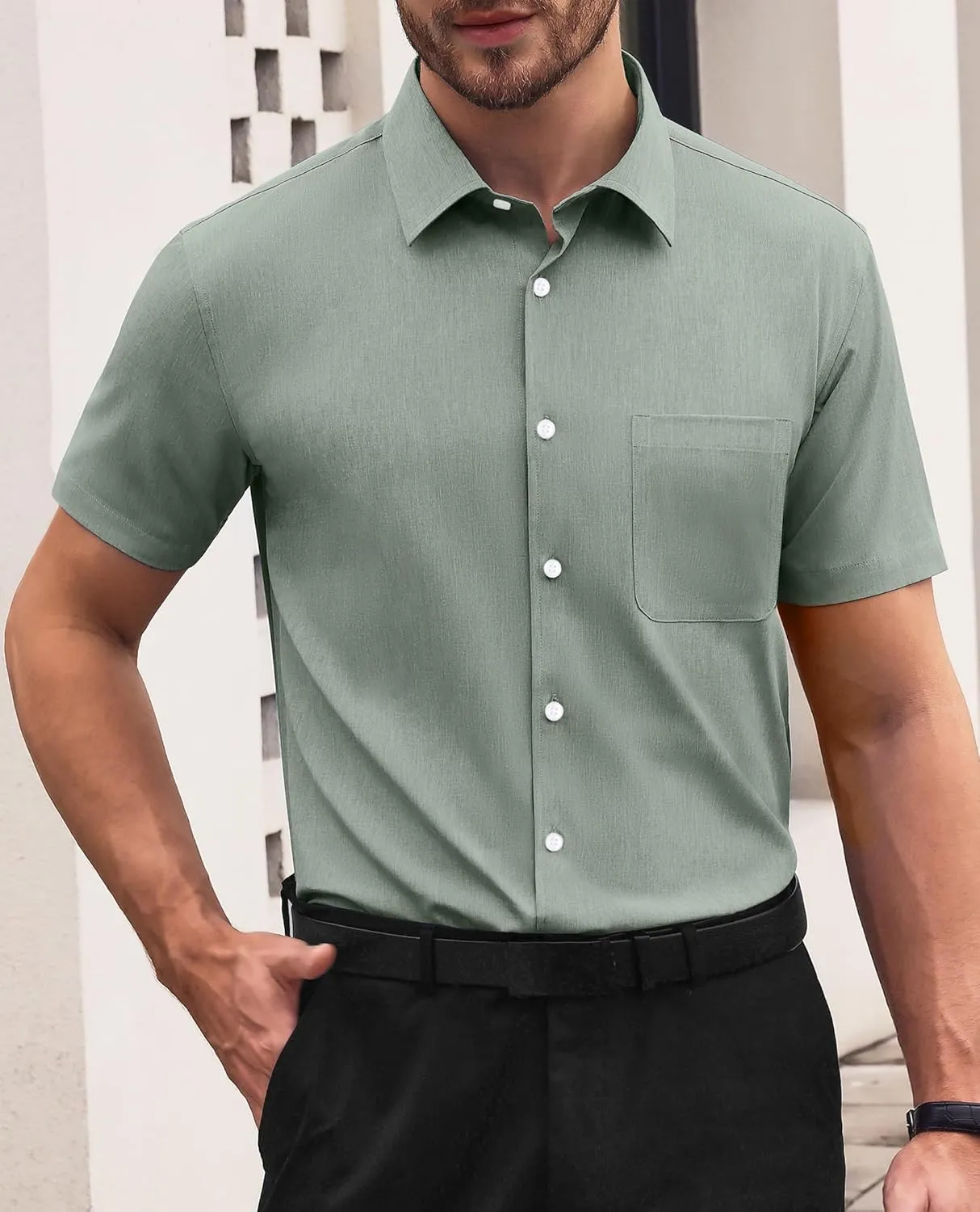 Mens Short Sleeve Button Down Shirts Casual Linen Shirts Button Up Wrinkle Free Beach Summer Vacation Wedding Tops