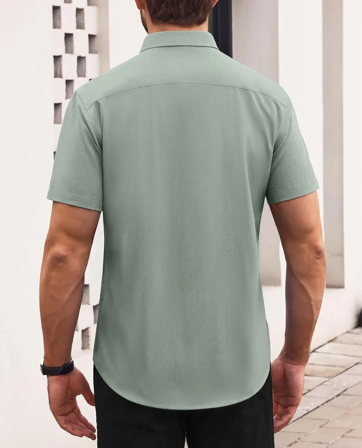 Mens Short Sleeve Button Down Shirts Casual Linen Shirts Button Up Wrinkle Free Beach Summer Vacation Wedding Tops