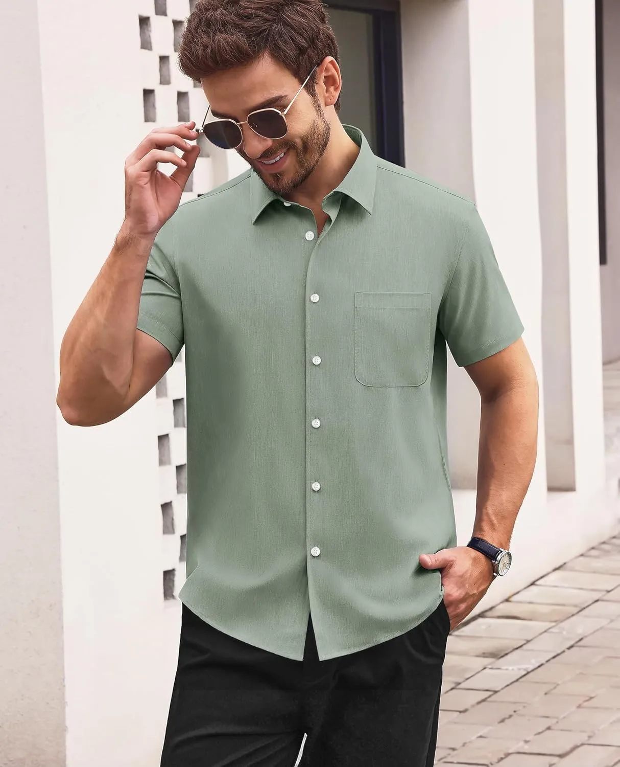 Mens Short Sleeve Button Down Shirts Casual Linen Shirts Button Up Wrinkle Free Beach Summer Vacation Wedding Tops