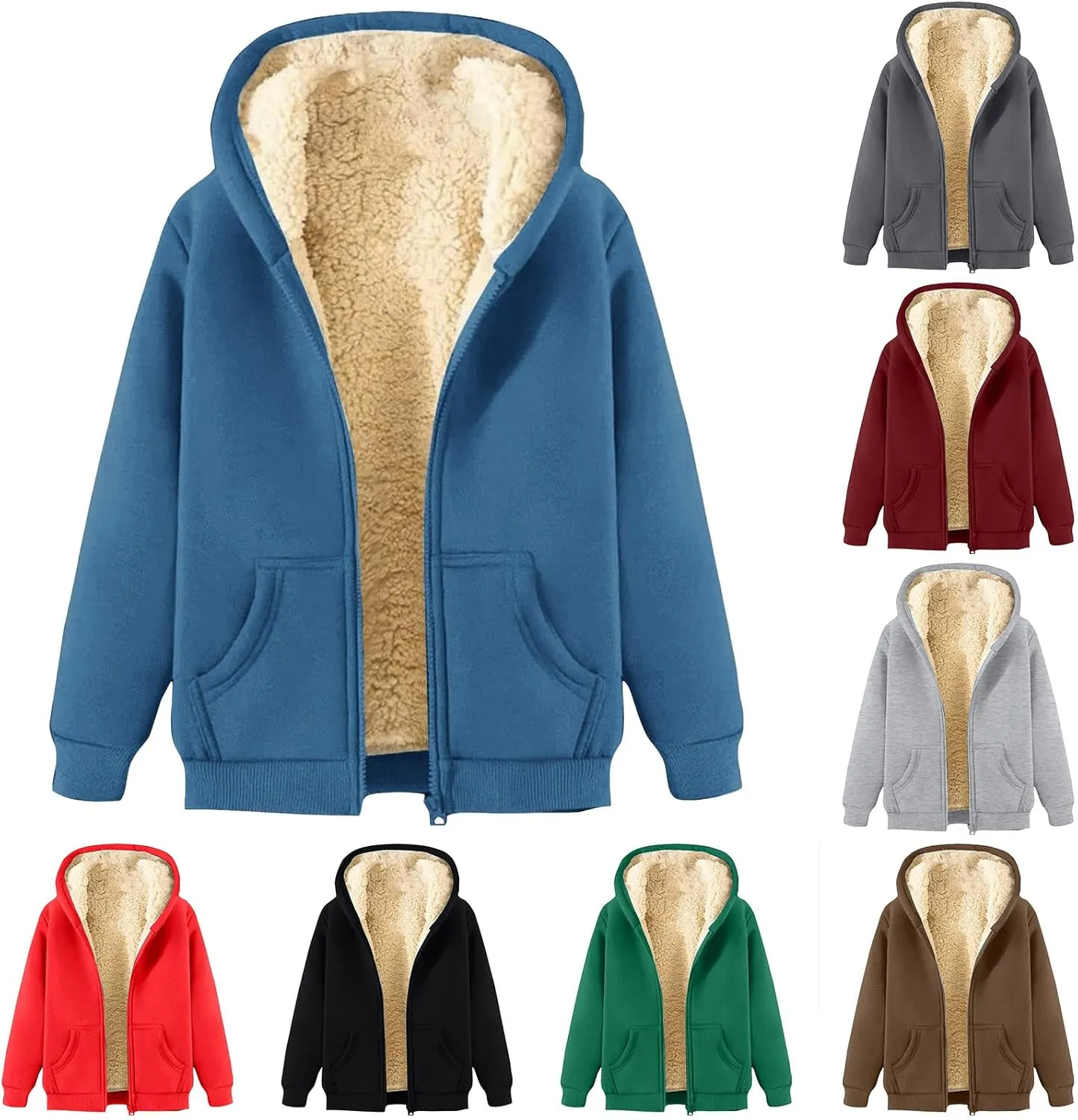 Men's Solid Color Fleece Jacket Winter Casual Trend Zipper Hooded Sweatshirt Coat Heavy Work Warm Outerwear Tops