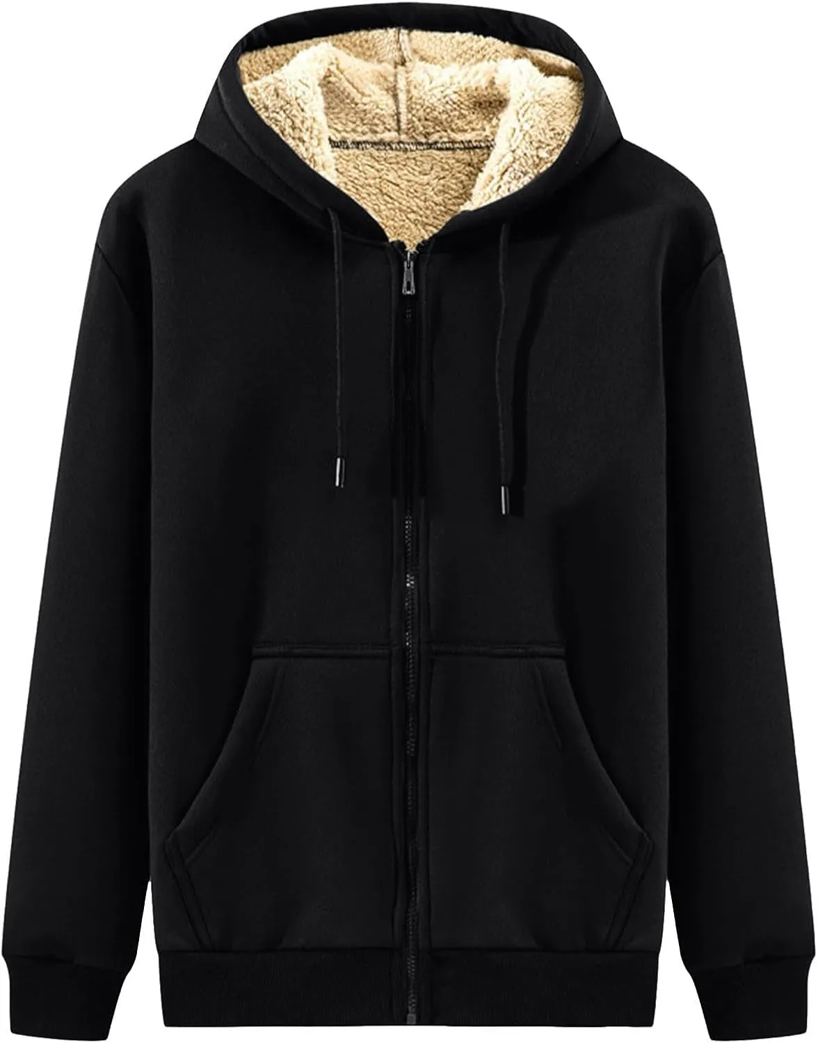 Men's Solid Color Fleece Jacket Winter Casual Trend Zipper Hooded Sweatshirt Coat Heavy Work Warm Outerwear Tops