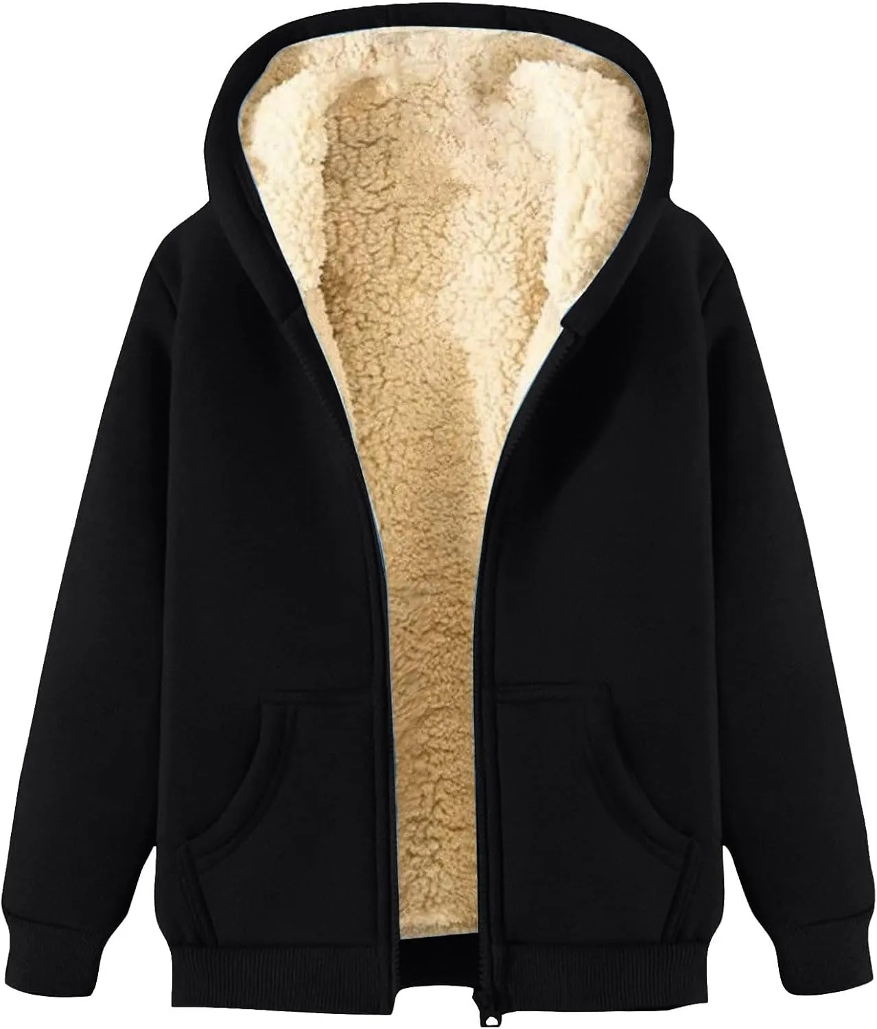 Men's Solid Color Fleece Jacket Winter Casual Trend Zipper Hooded Sweatshirt Coat Heavy Work Warm Outerwear Tops