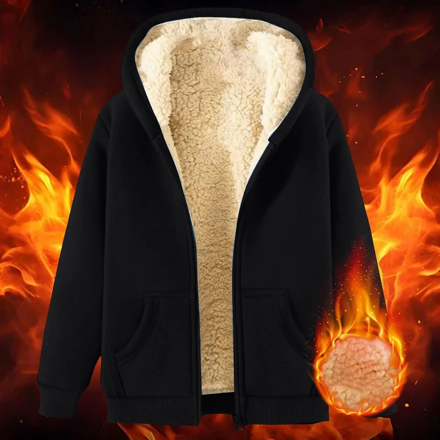 Men's Solid Color Fleece Jacket Winter Casual Trend Zipper Hooded Sweatshirt Coat Heavy Work Warm Outerwear Tops