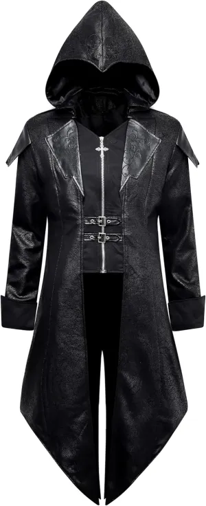 Men's Steampunk PU Leather Jacket with Hood - Gothic Victorian Vampire Coat Medieval Adjustable Tailcoat Gear
