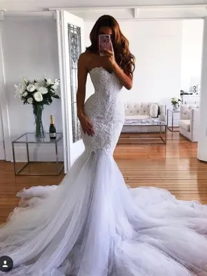 Mermaid Sweetheart Sweep Train Tulle Appliqued Wedding Dresses ASD26731