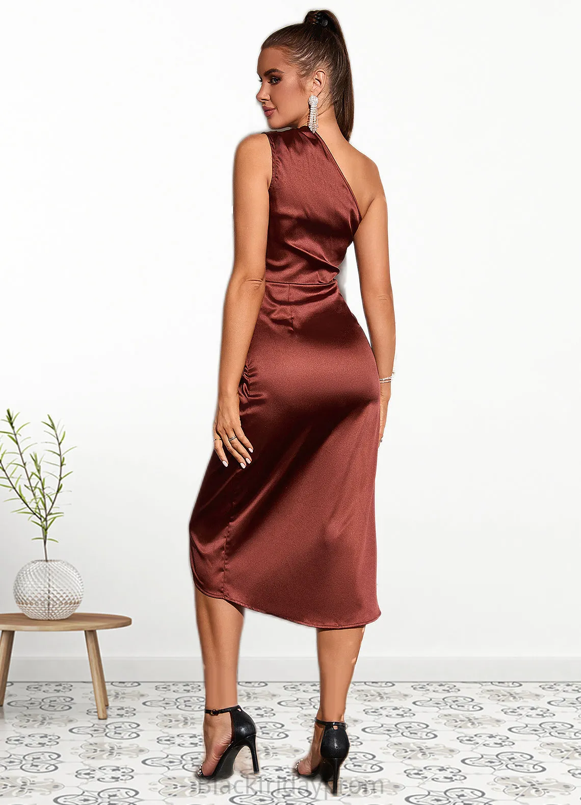 Mia Ruffle One Shoulder Elegant Sheath/Column Satin Midi Dresses BF2P0022363