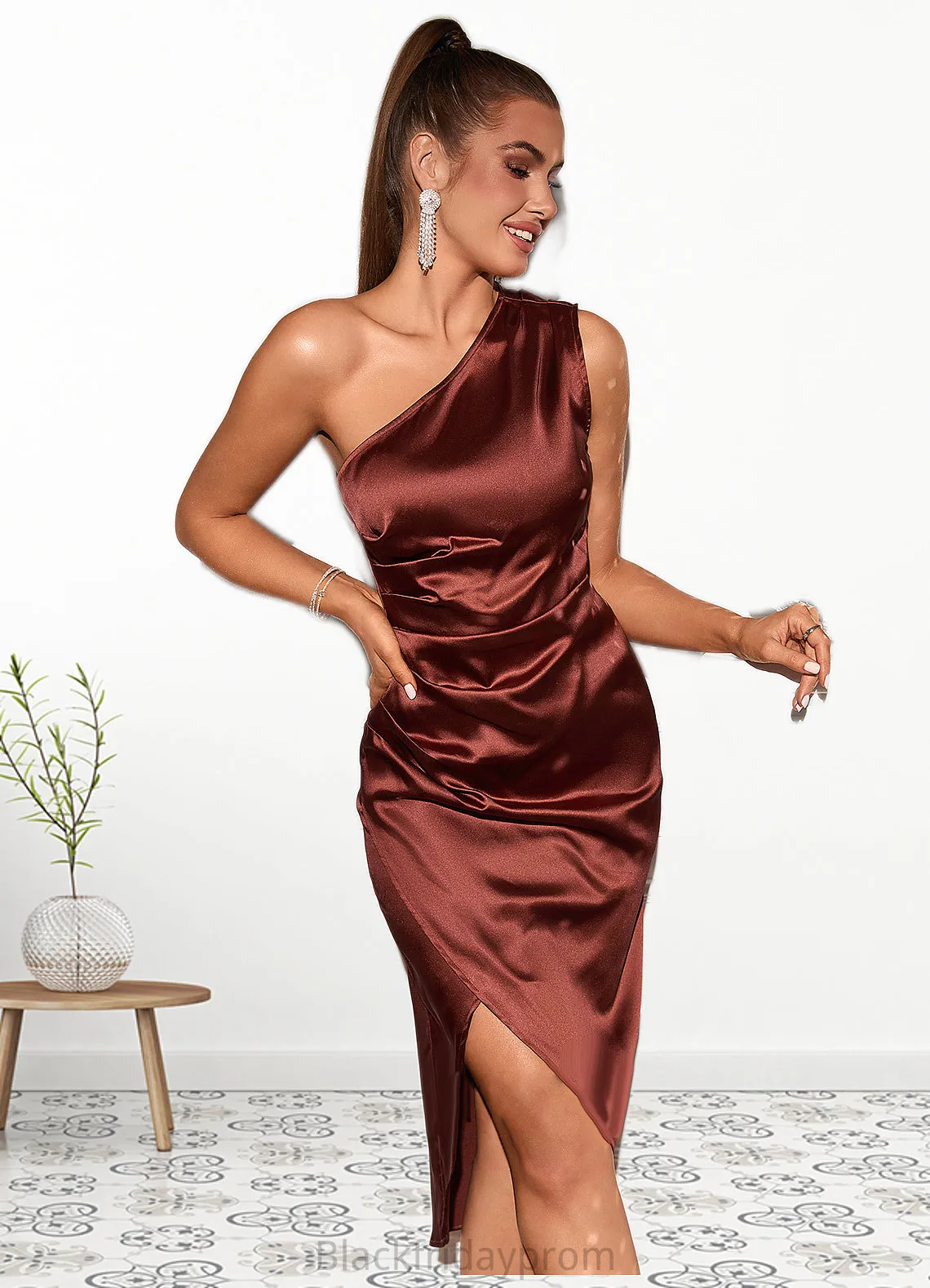 Mia Ruffle One Shoulder Elegant Sheath/Column Satin Midi Dresses BF2P0022363