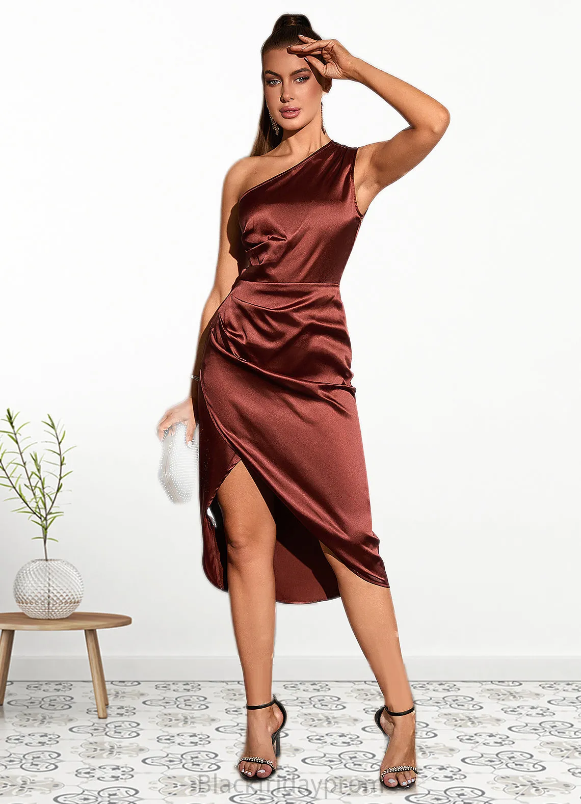 Mia Ruffle One Shoulder Elegant Sheath/Column Satin Midi Dresses BF2P0022363