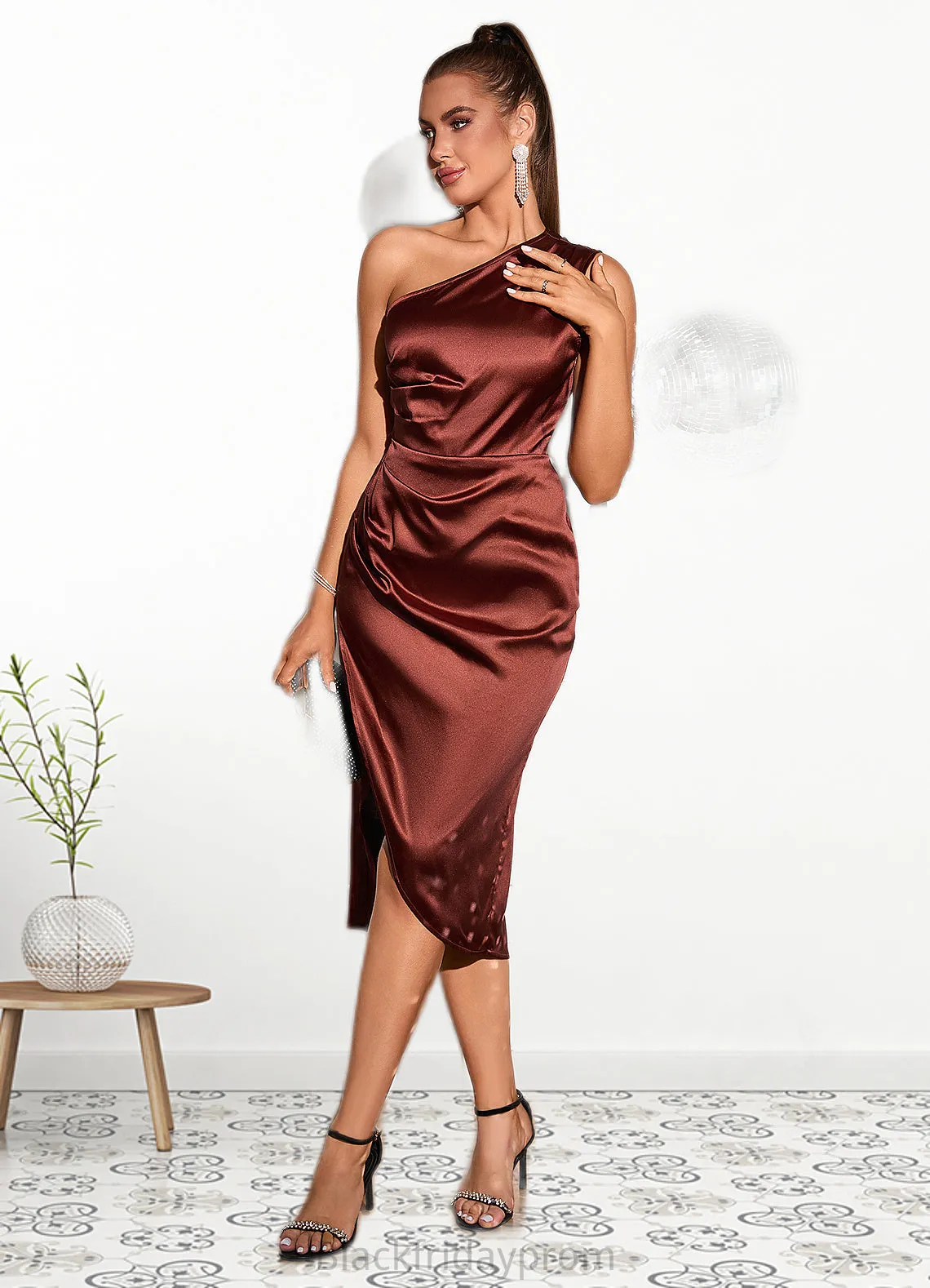 Mia Ruffle One Shoulder Elegant Sheath/Column Satin Midi Dresses BF2P0022363