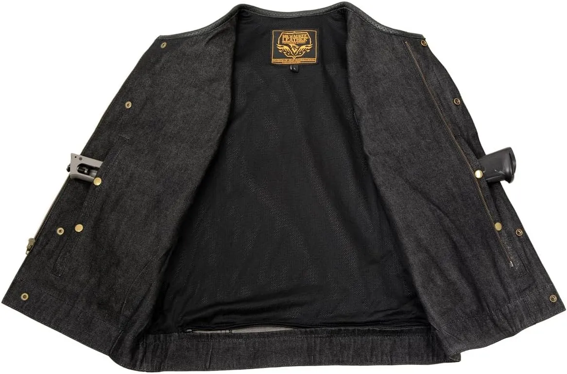 Milwaukee Leather MDM3008 Men's 'Brute' Black Perforated Leather and Denim Club Style Vest w/Hidden Dual Closure