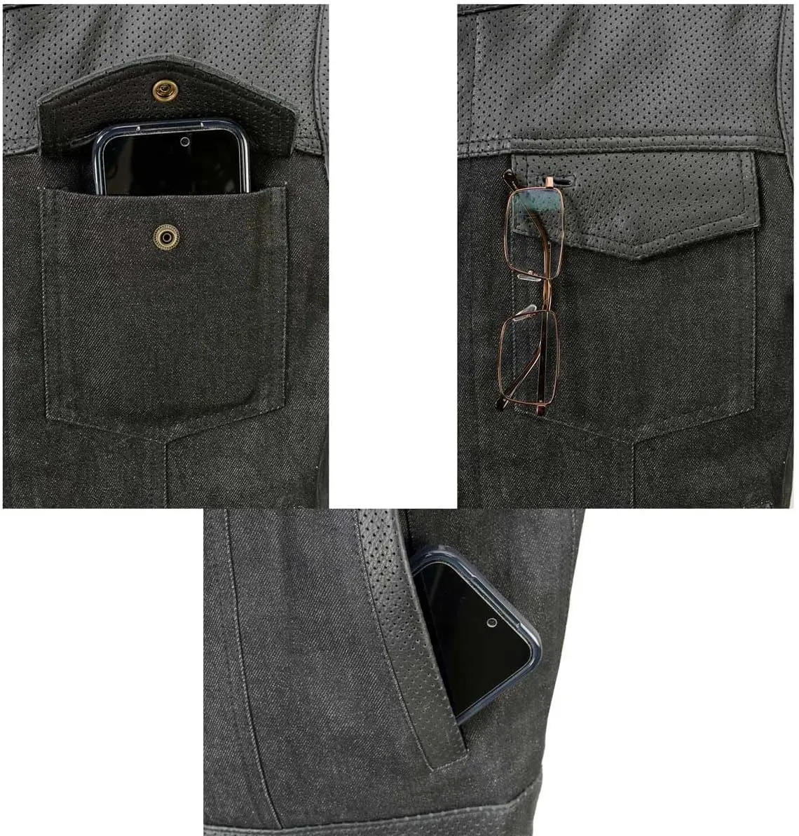 Milwaukee Leather MDM3008 Men's 'Brute' Black Perforated Leather and Denim Club Style Vest w/Hidden Dual Closure